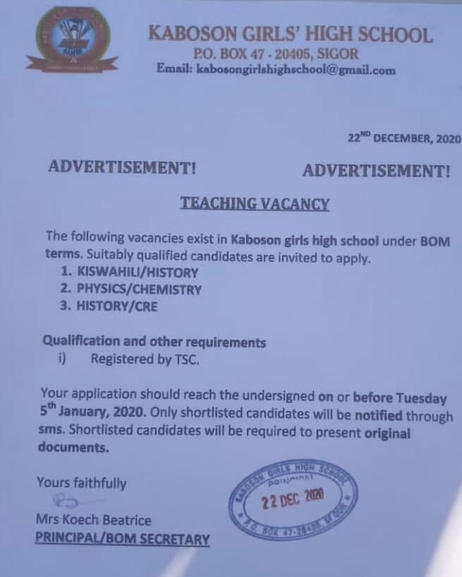 Teaching Vacancy at Kaboson High school