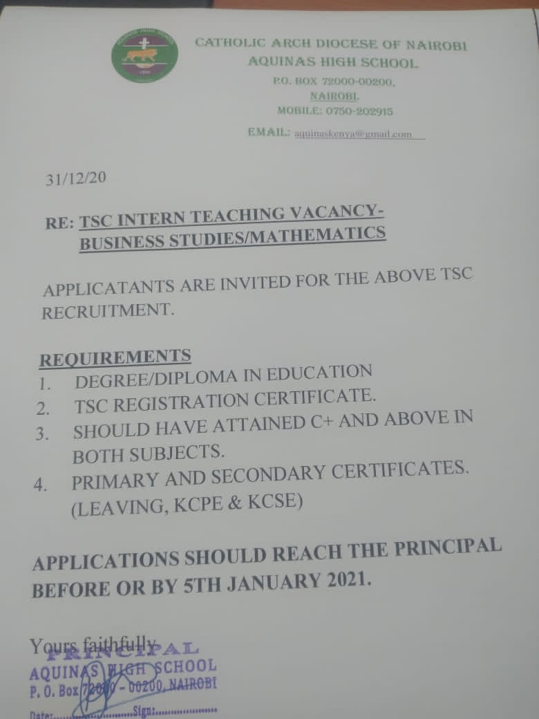 TSC Intern Teaching Vacancy at Aquinas High School Nairobi