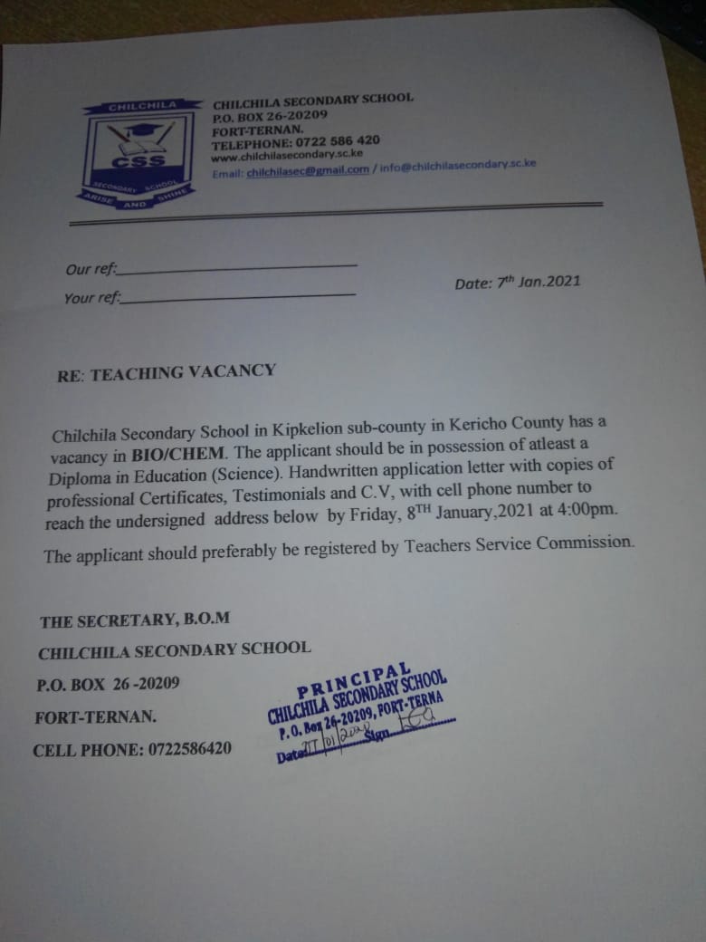 Chilchila Secondary School Teaching Vacancies