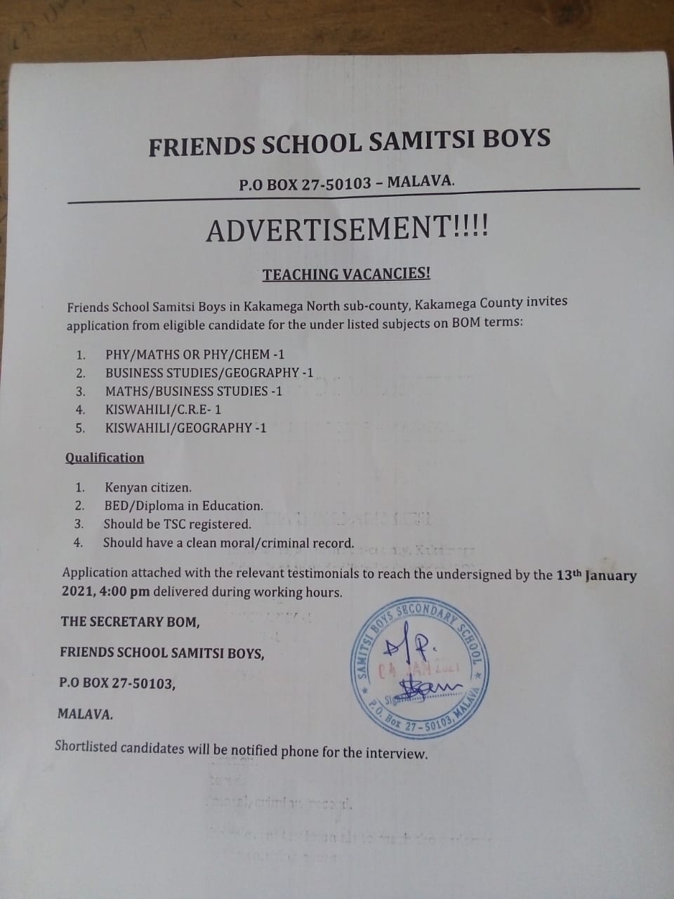Friends School Samitsi teaching vacancies