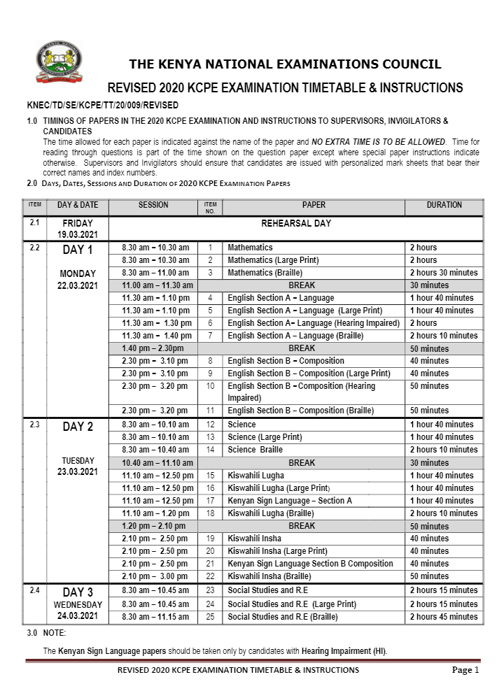 KCPE Timetable 2021