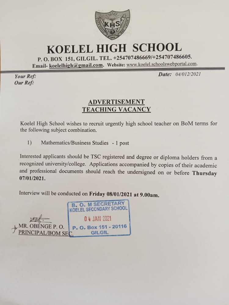 BOM Teaching Vacancy at Koelel High School