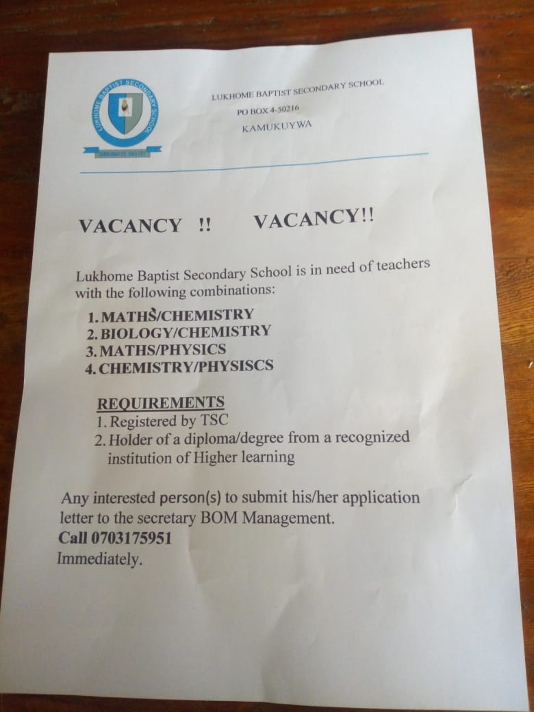 Teaching Vacancies at Lukhome Baptist Secondary School