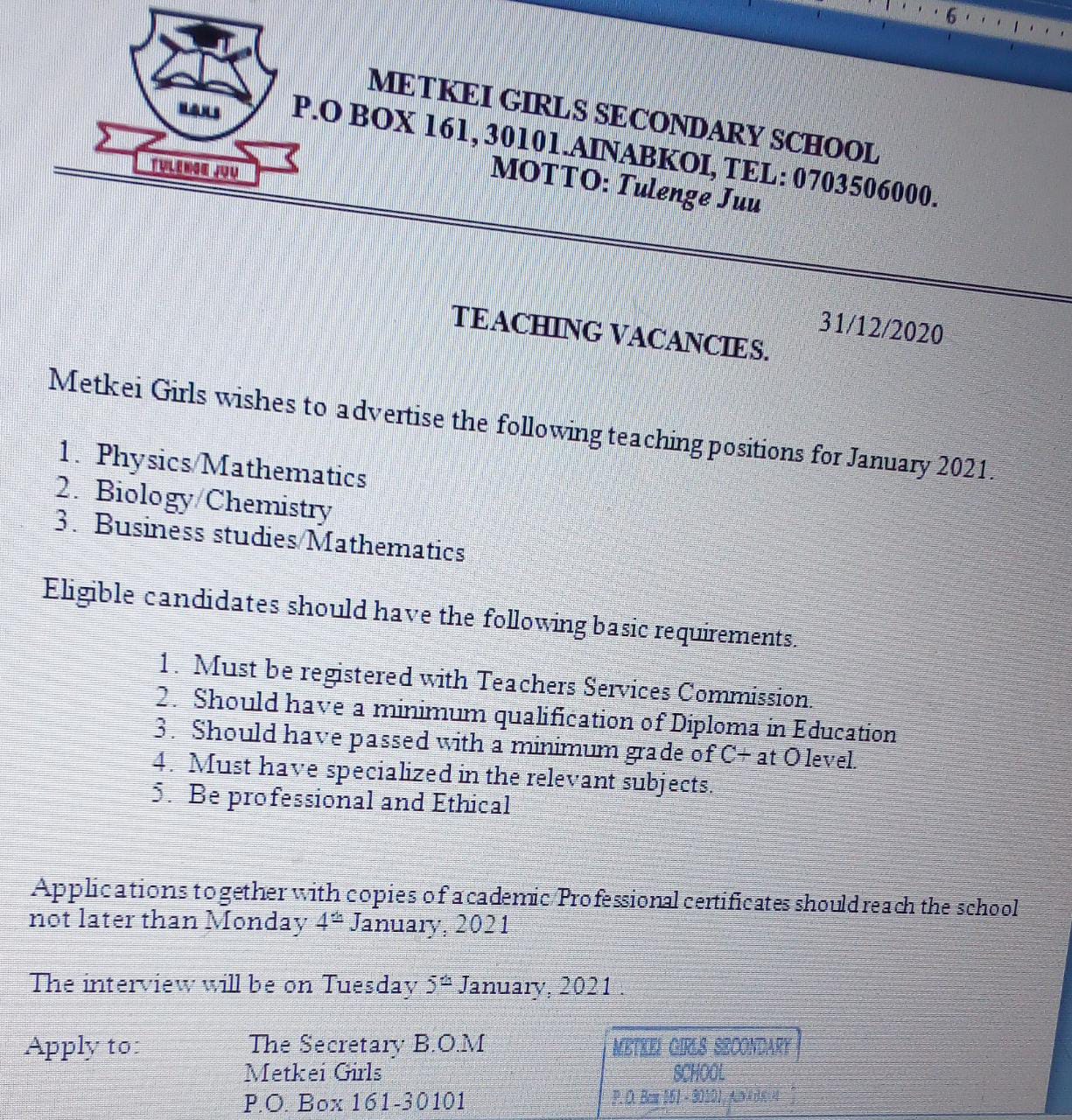 Teaching Vacancies at Metkei Girls Secondary School