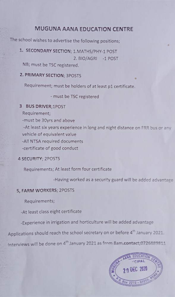 Vacancies at Muguna Aana Education Centre