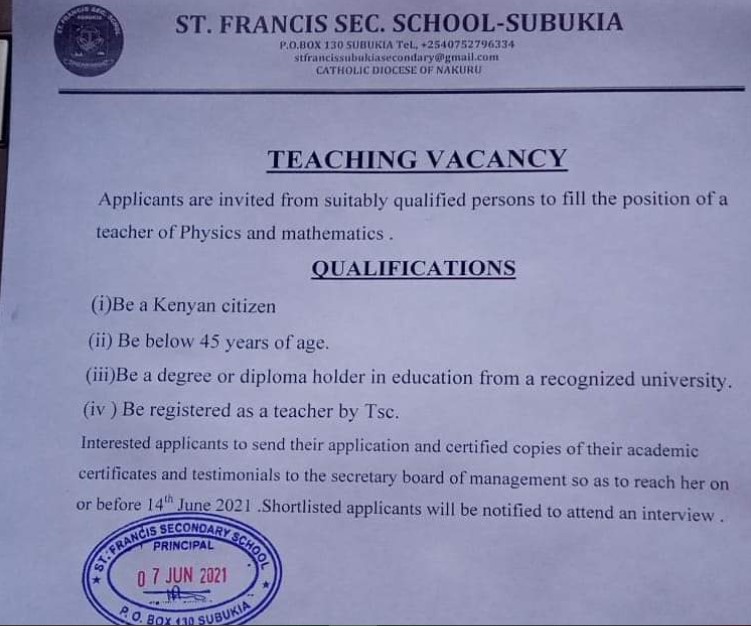 teaching vacancies at st. francis - Subukia